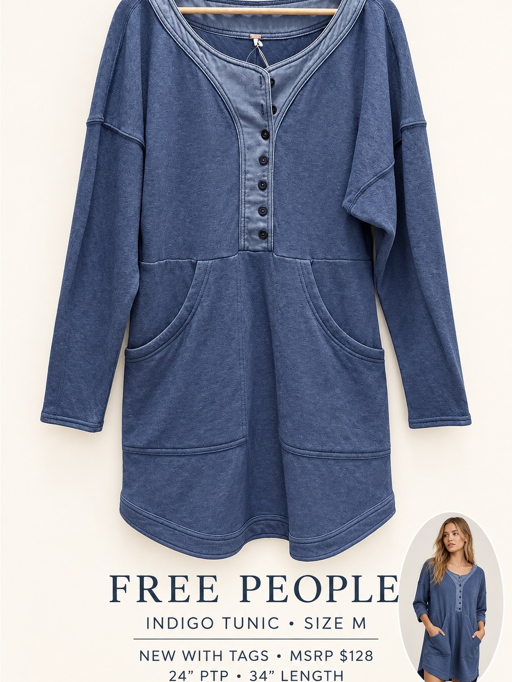 Free People Indigo Henley Tunic Top Blue Size M NWT
